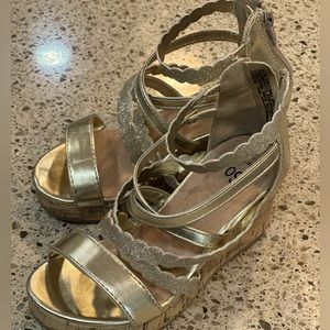 Girls strappy gold cork wedge sandals - size 12